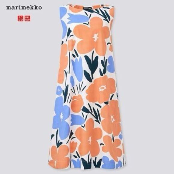 Marimekko for Uniqlo Women’s Fuzzy Peach Blue Pine Green Abstract Large Print Fl - Picture 10 of 10
